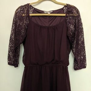 Plum Scoop Neck 3/4 Lace Sleeve Dress